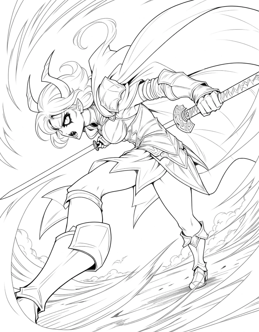 Female demon hunter lunging forward with twin swords