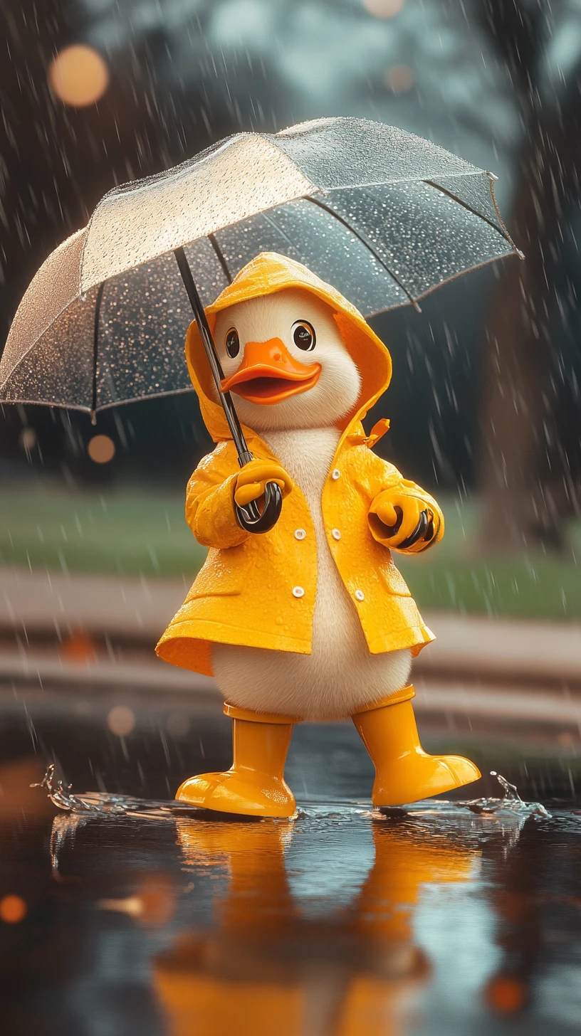 Pato Alegre de Capa de Chuva Amarela Espirrando em uma Poça