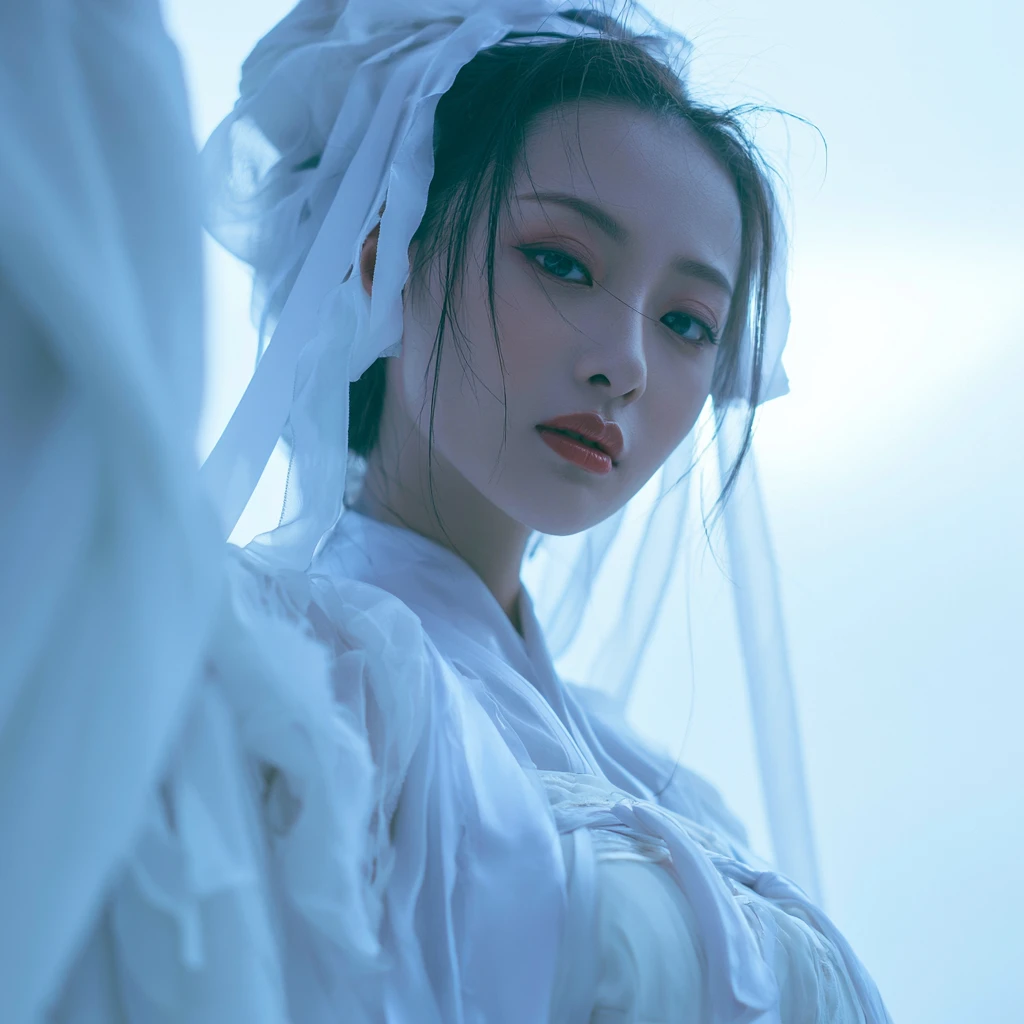 Jovem mulher em traje tradicional branco ao ar livre ao amanhecer