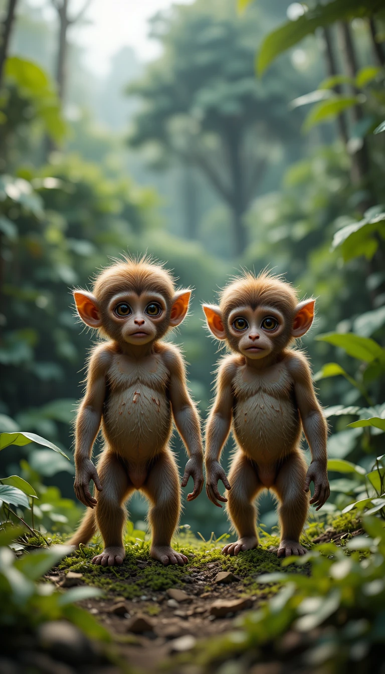 Dois filhotes de macaco assustados na beira de uma selva