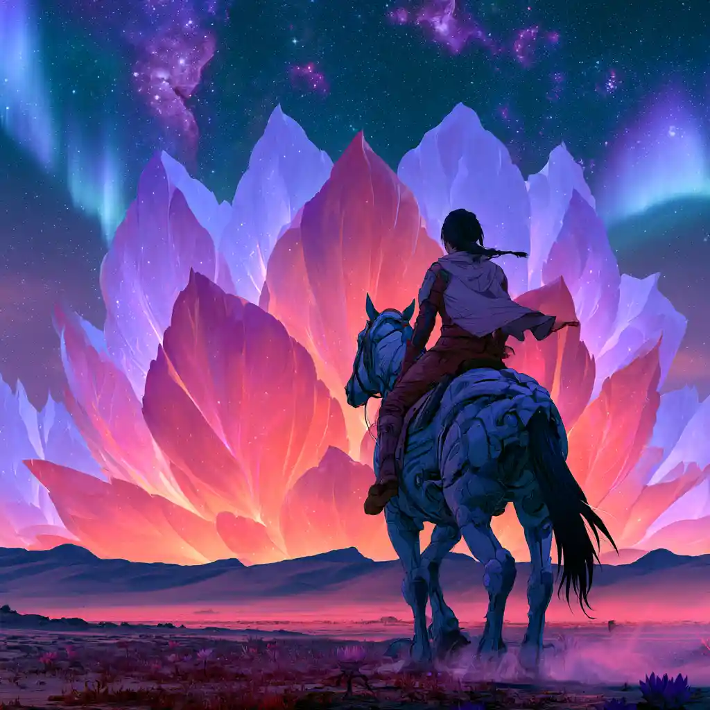 Cyberpunk warrior woman riding robotic horse toward alien bloom