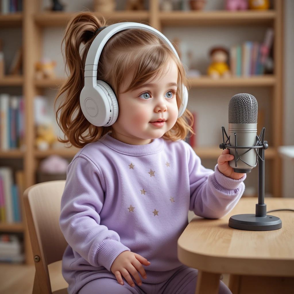 Niña pequeña con auriculares en un acogedor escritorio de podcast en casa