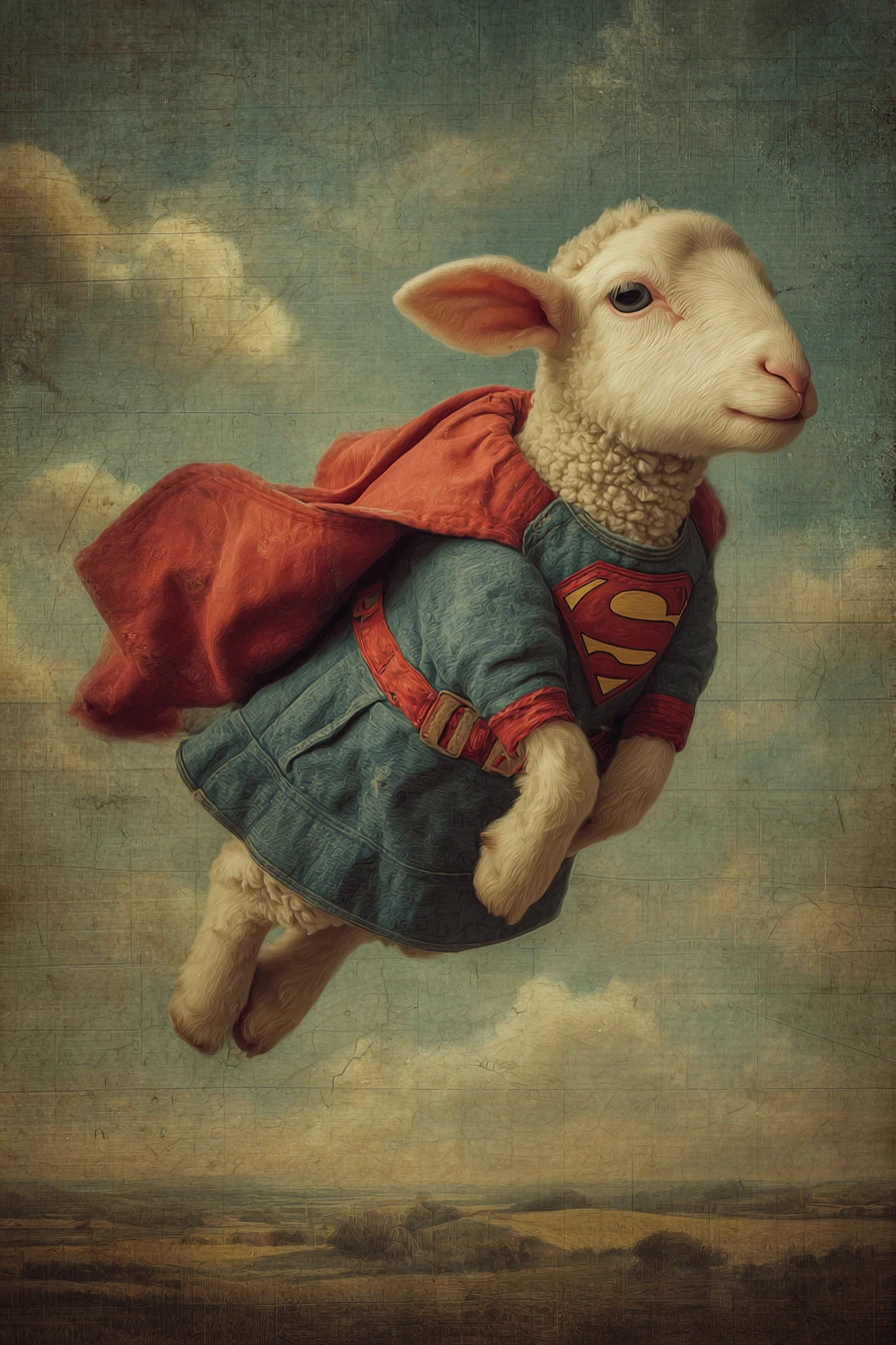 Fliegende Schafe in einer surrealen Vintage-Superhelden-Himmelszene