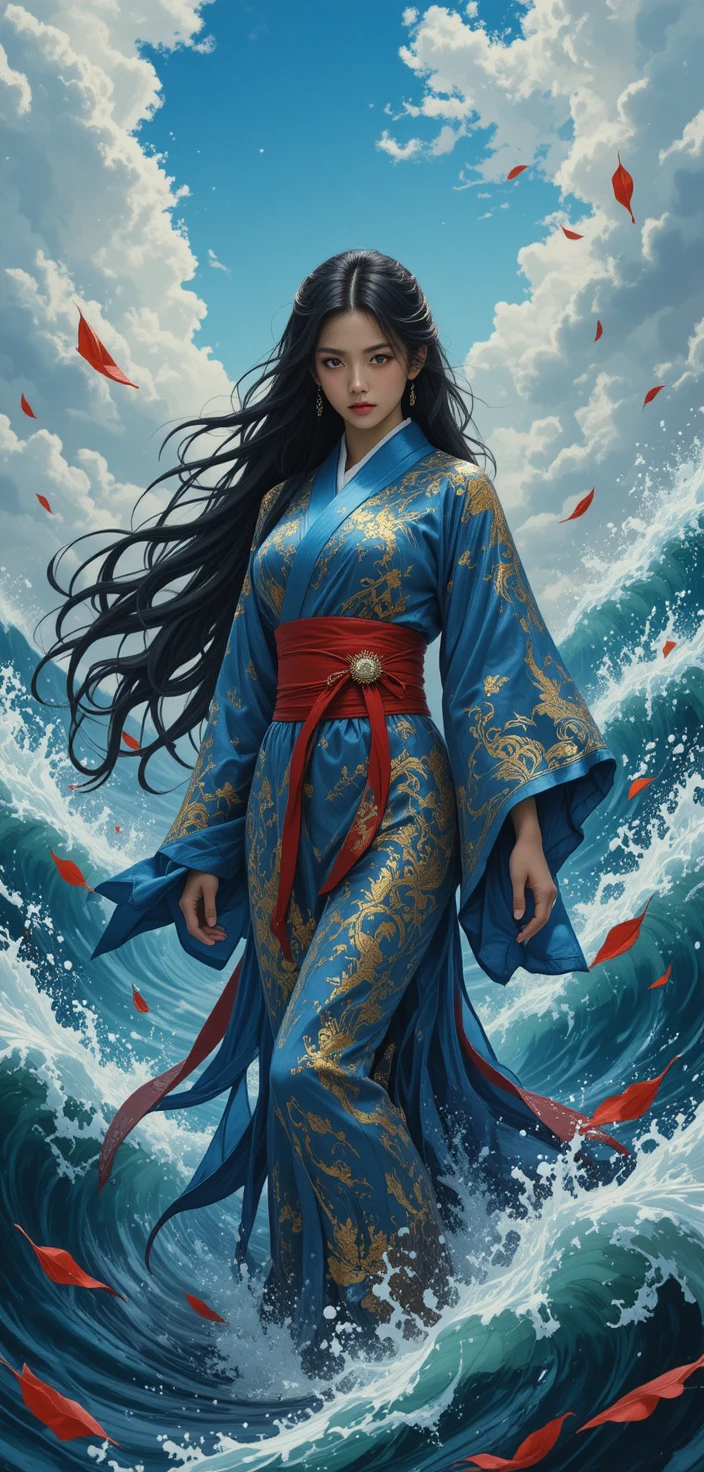 폭풍우 치는 바다에 서 있는 파란 기모노의 아시아 여성
