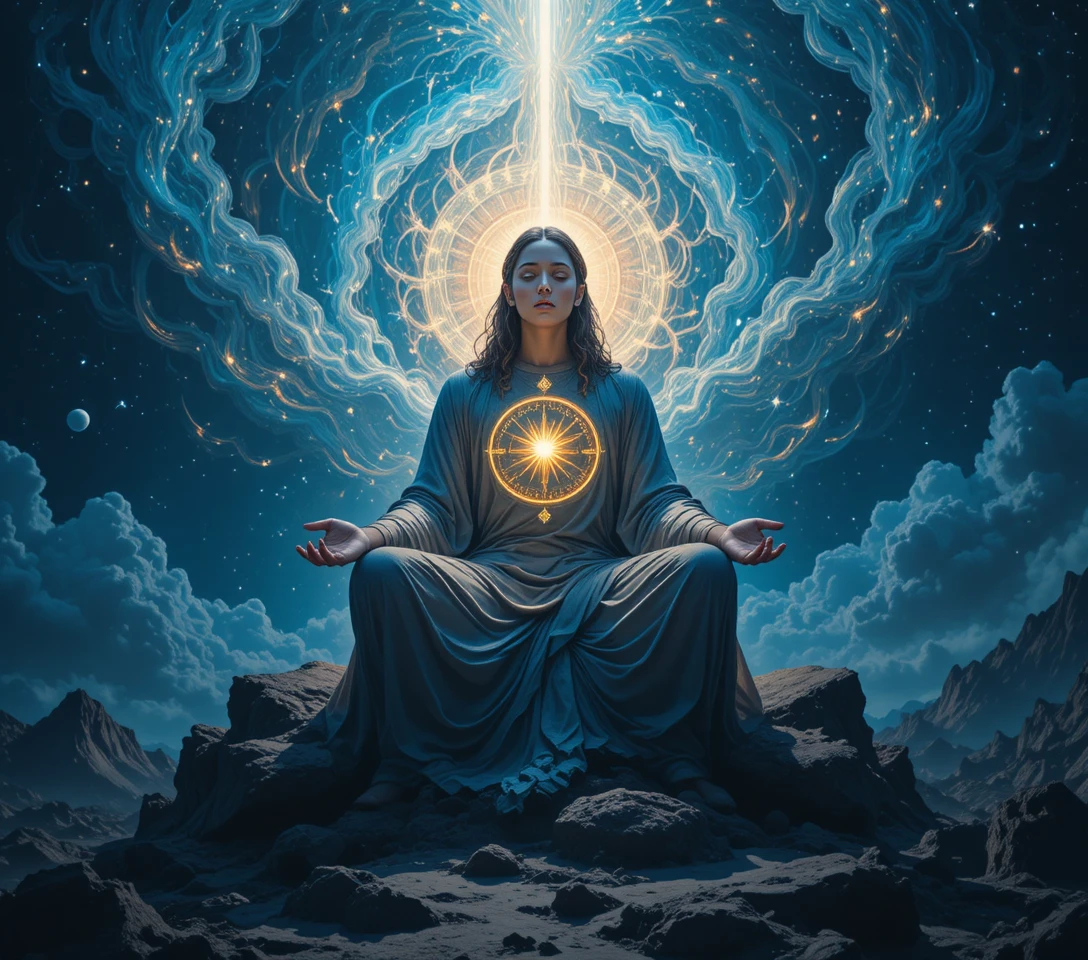 Figura iluminada en un reino celestial de conocimiento en espiral