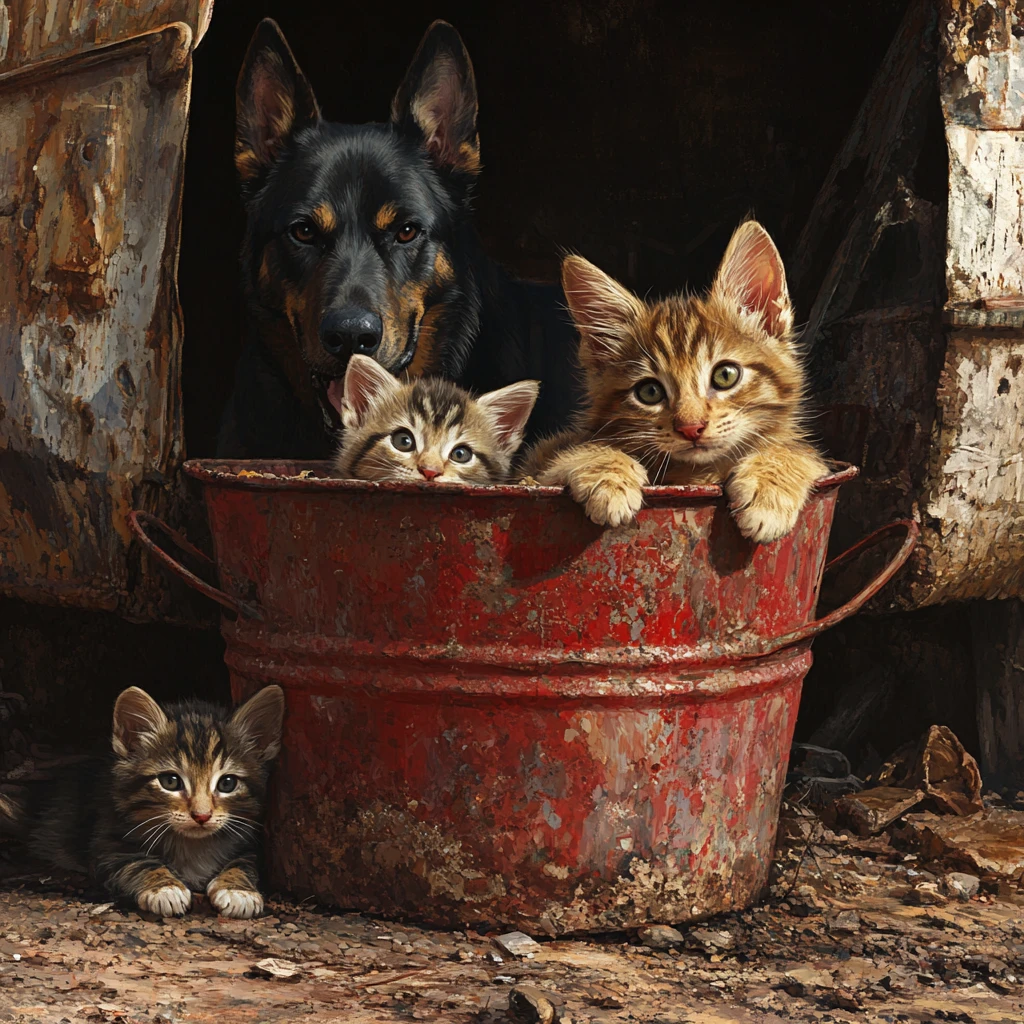 Gata mãe e filhotes descansando dentro de um balde velho e enferrujado
