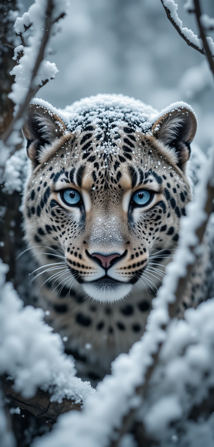 Rosto de leopardo-das-neves surgindo entre galhos nevados com olhos azuis