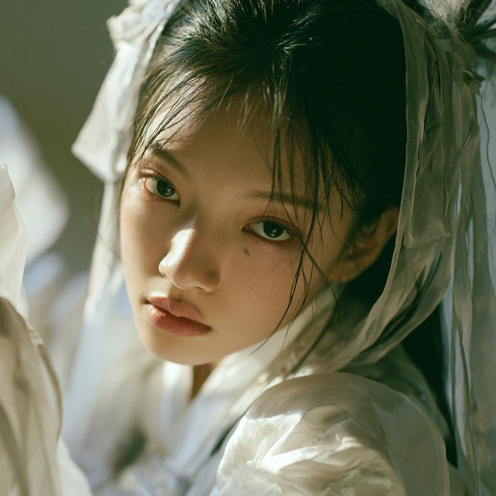 柔和戶外光線下身穿白色傳統服飾的年輕女子