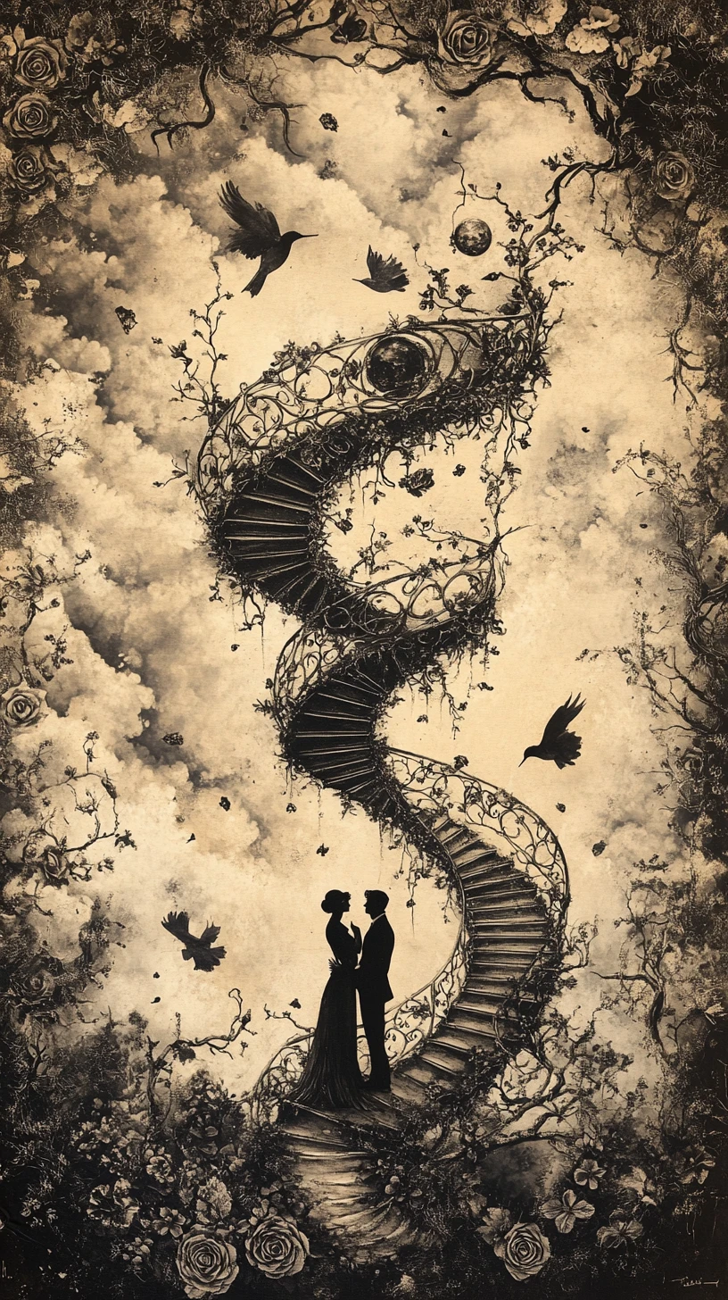 Casal vitoriano sob uma escadaria em espiral de rosas e espinhos