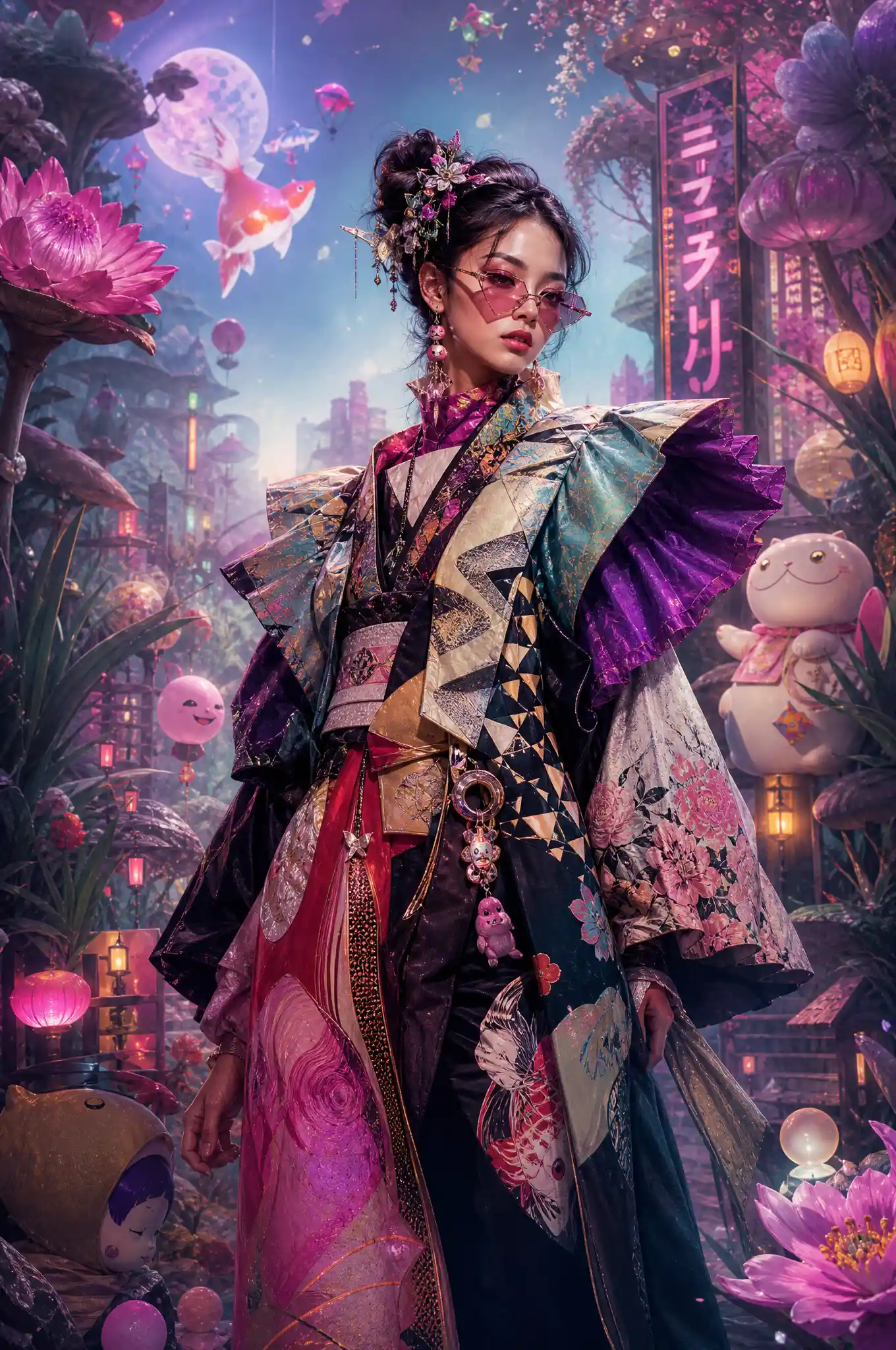 Stylish woman with glasses in a surreal dreamlike landscape