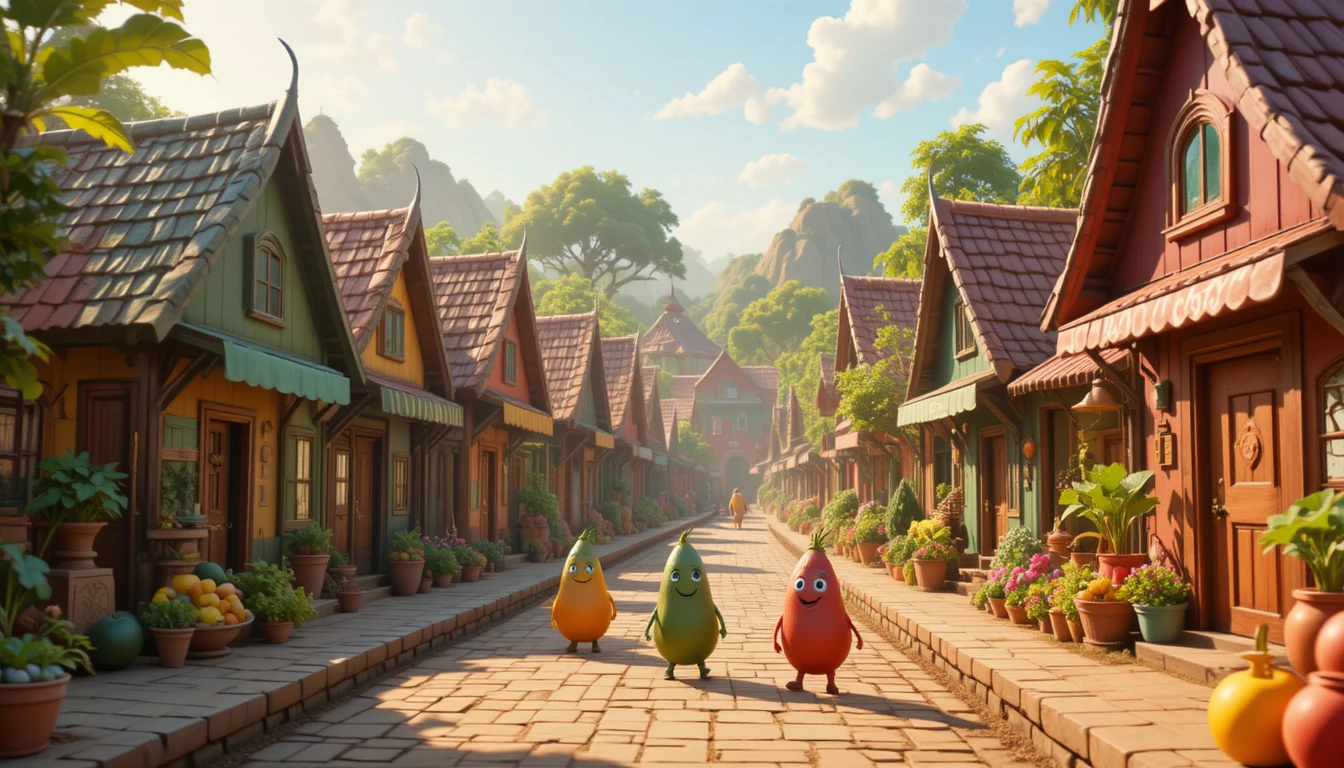 Calle alegre en un pueblo 3D de verduras bajo la cálida luz del sol