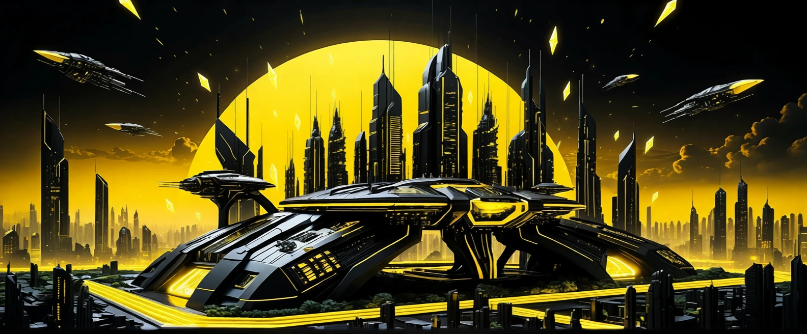 Escultura de cidade sci‑fi futurista com luzes amarelo neon