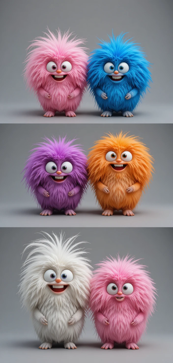 カラフルでふわふわなキャラクターたちがグレーの背景に勢ぞろい