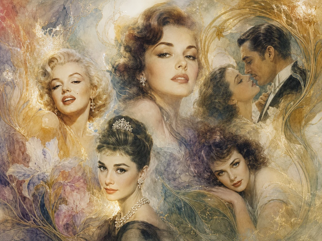 Moodboard de estrelas clássicas de Hollywood em estilo art nouveau luminoso