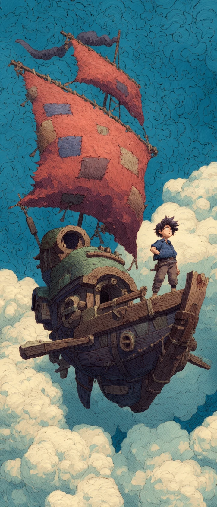 Garoto inventor de anime em um lúdico convés de dirigível steampunk