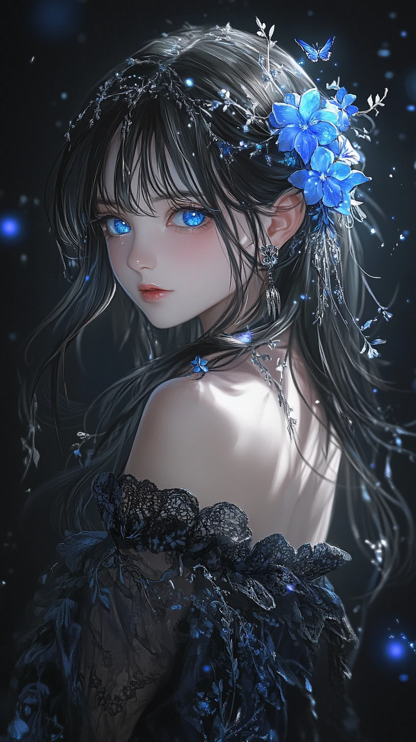 Anime-Mädchen mit blauen Augen in leuchtender Blumen-Dunkelheit