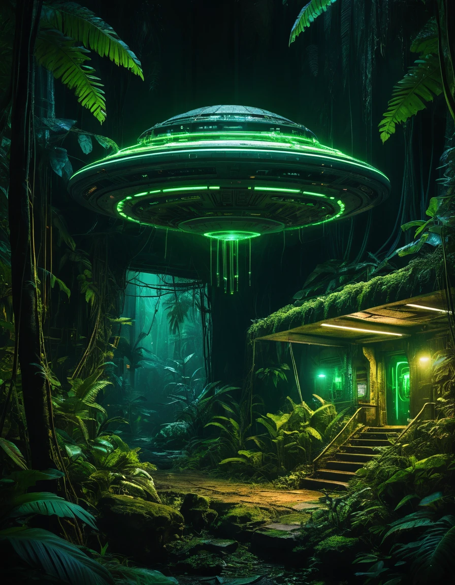 Antikes UFO erleuchtet eine neon-grüne Dschungelnacht