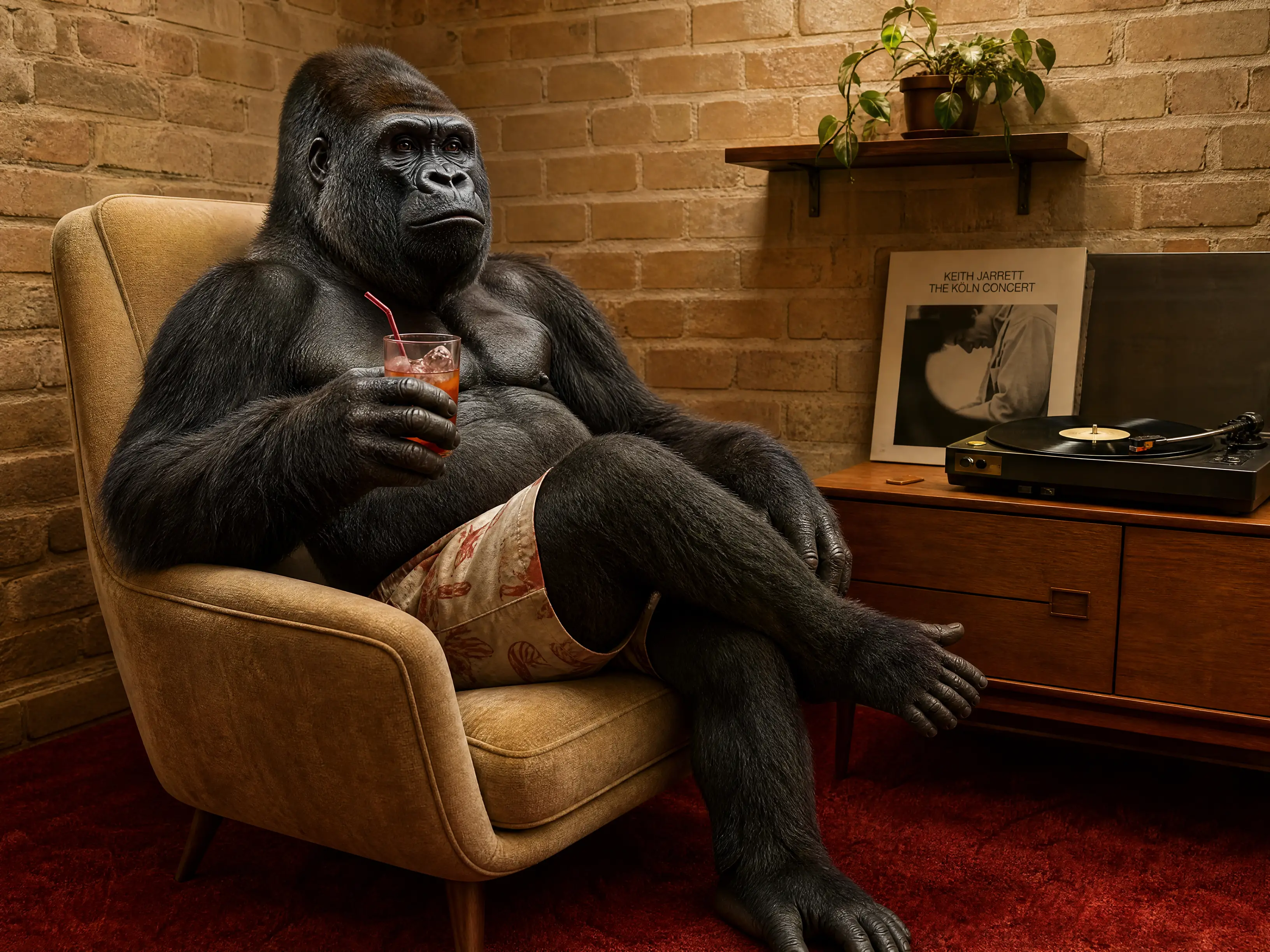 Gorilla entspannt im Mid-Century-Sessel mit Cocktail