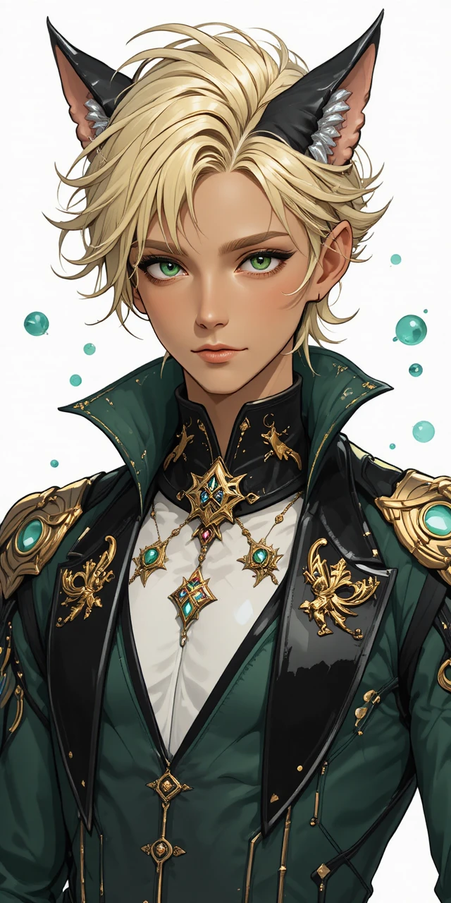 Uomo fantasy in stile anime con orecchie da gatto e aurea dorata di fortuna