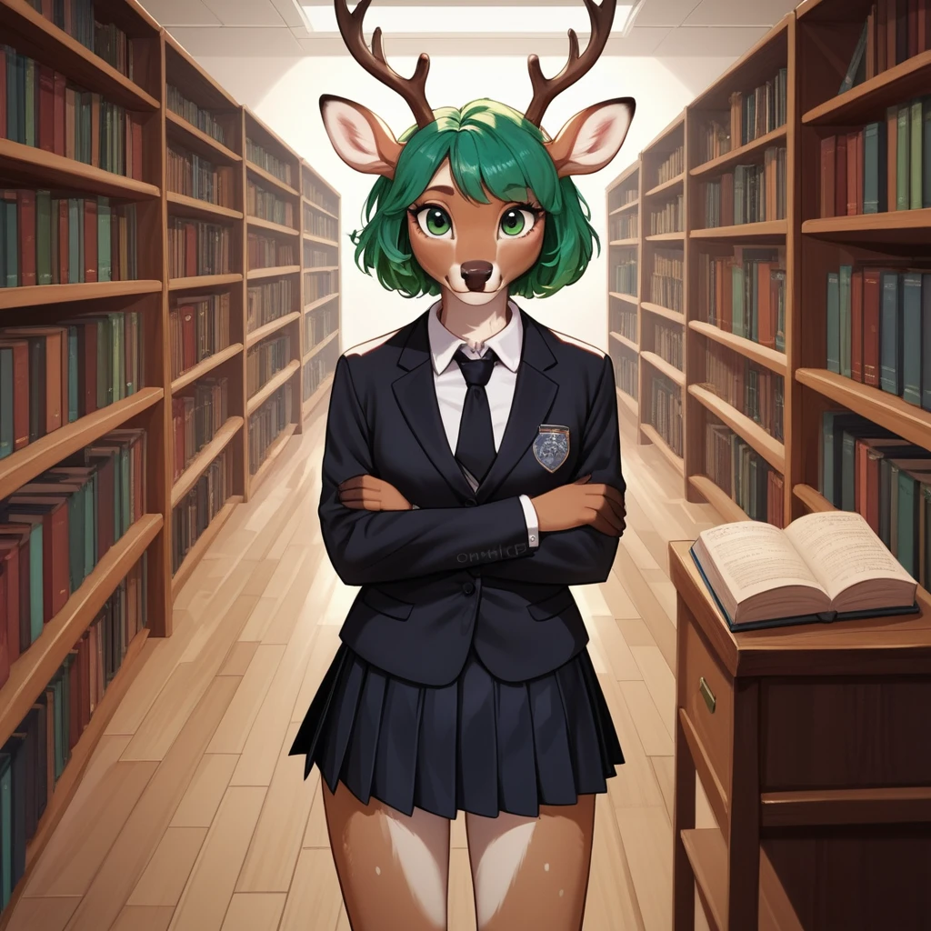 Garota Cervo Antro Escolar na Biblioteca com os Braços Cruzados