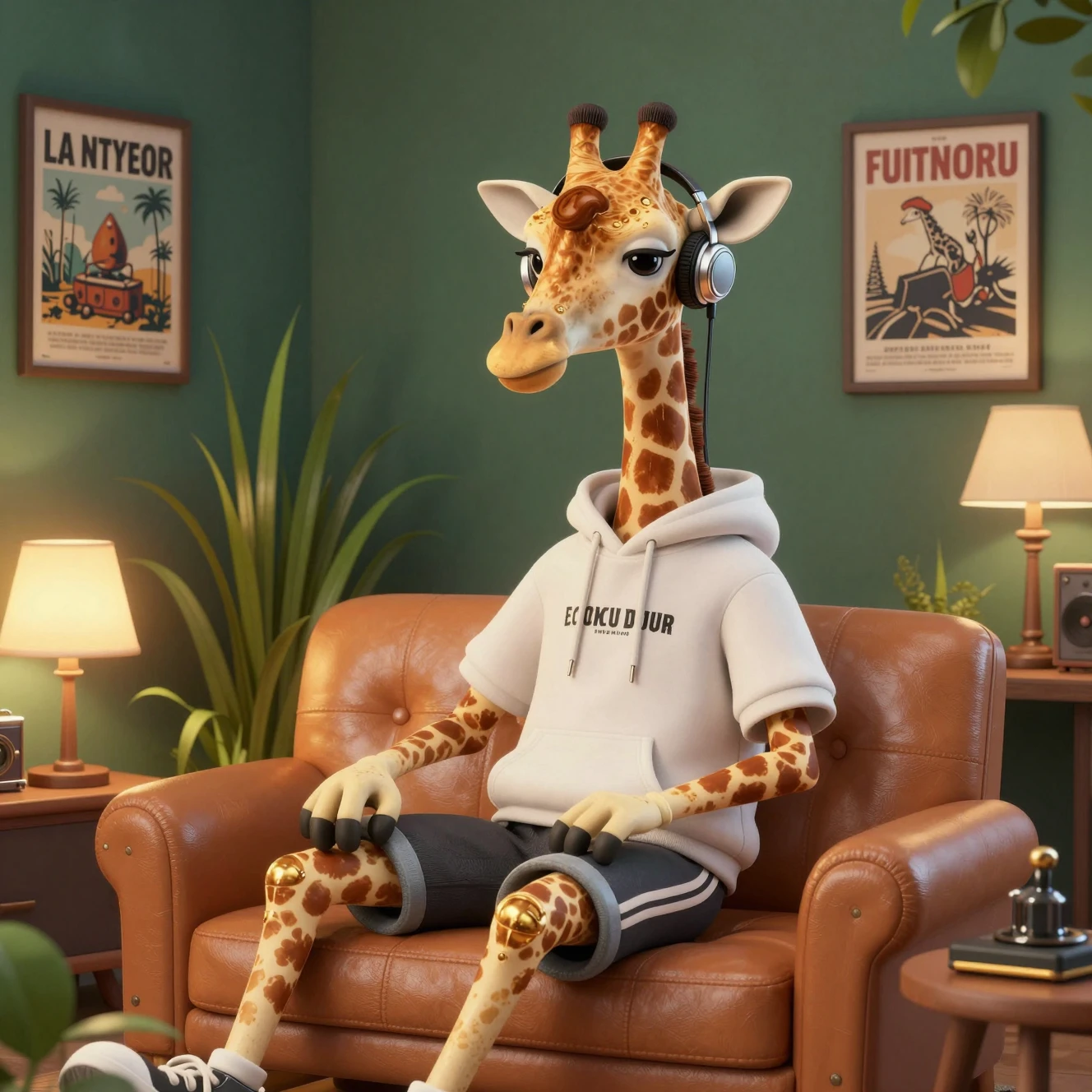 Girafa relaxando em streetwear em um puff de couro