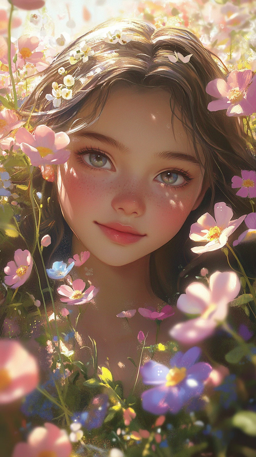 Jeune fille souriante au milieu de douces fleurs de fantaisie pastel