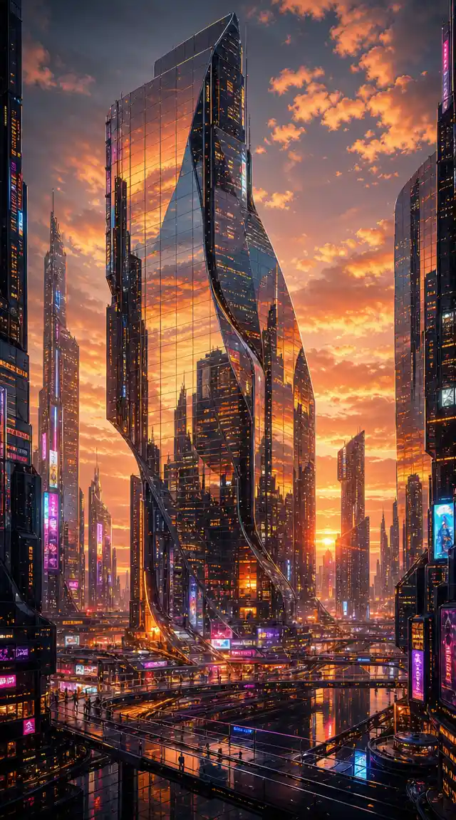 Futuristic glass city skyline glowing at dusk