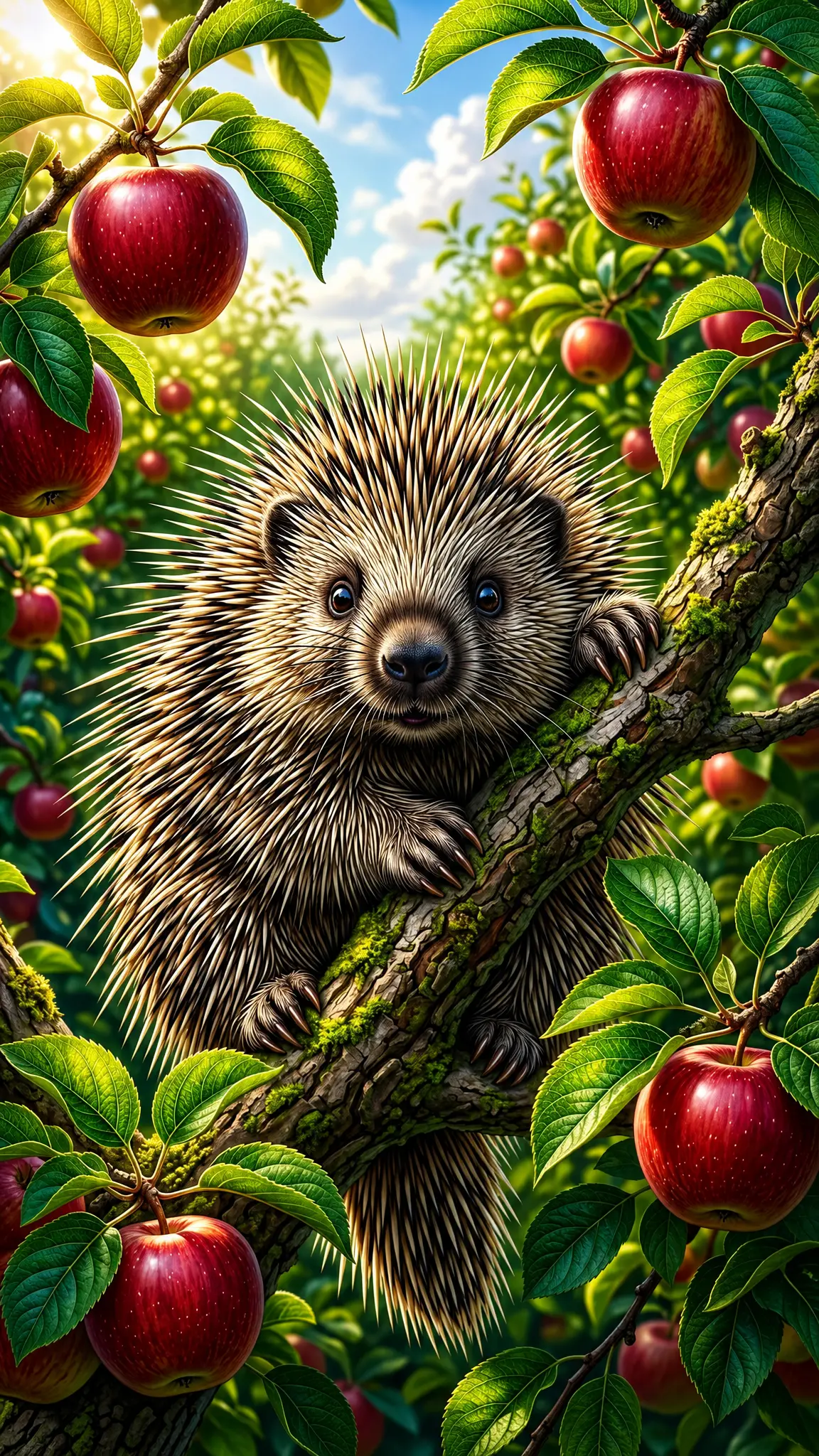 Dolce istrice in primo piano che pende giocoso da un melo
