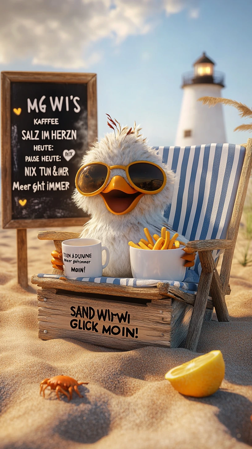 Fröhliche Cartoon-Möwe entspannt im Strandstuhl