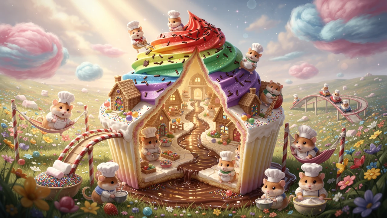 Immense village de hamsters sur cupcake dans une prairie ensoleillée de bonbons