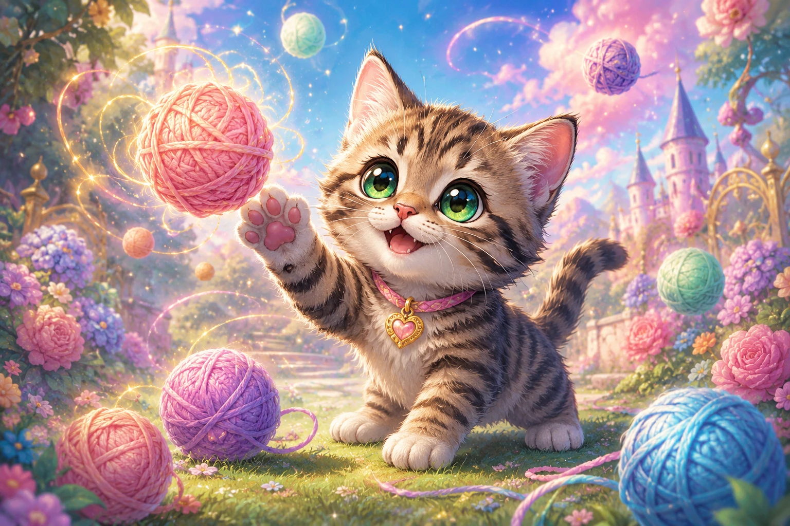 Adorable chaton tigré cartoon jouant avec des pelotes de laine lumineuses