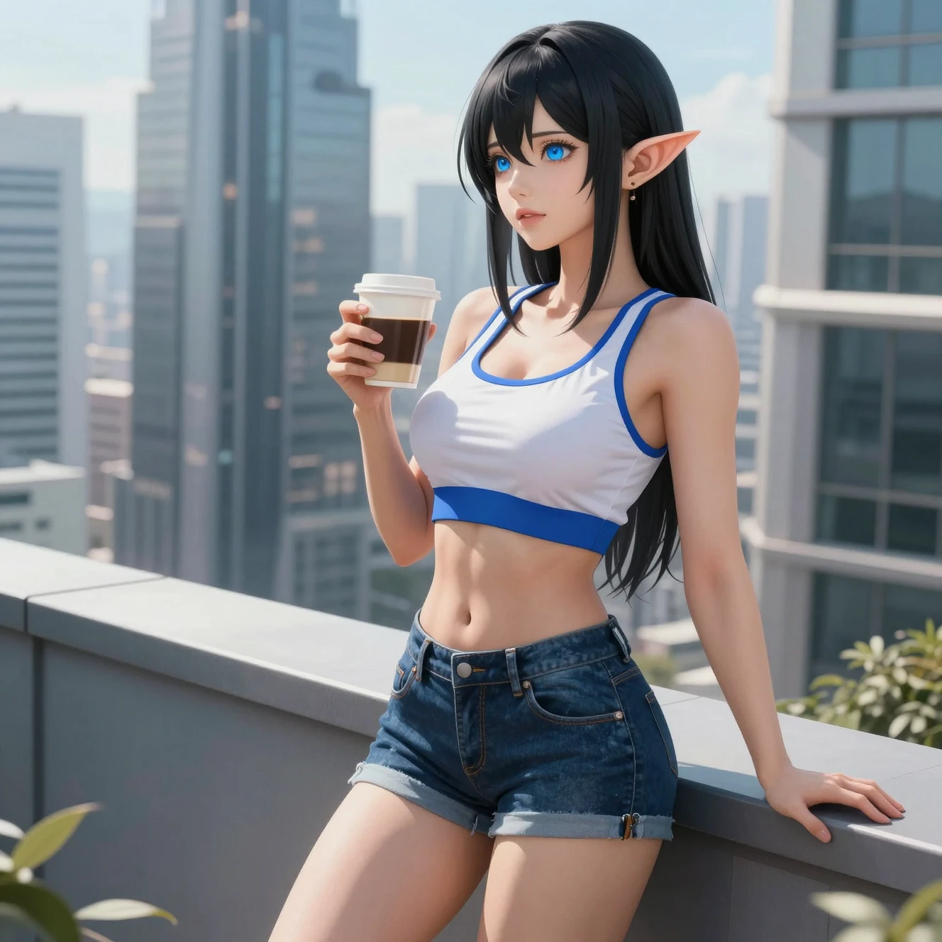 精靈女子在未來感陽台上喝著晨間咖啡