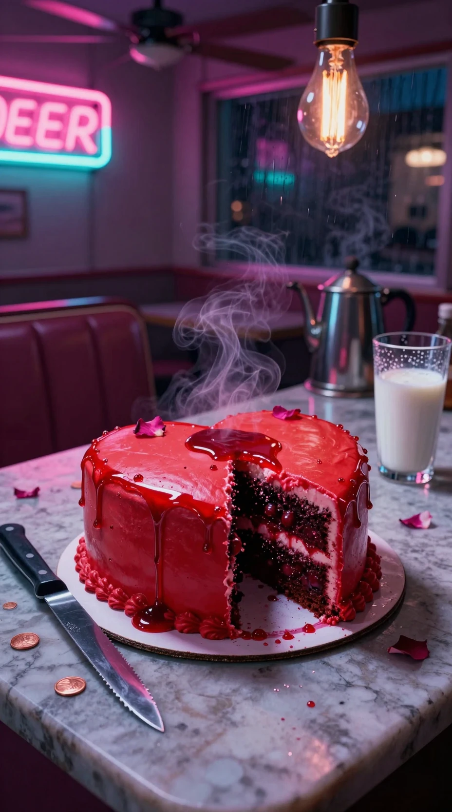 Herzförmiger Kuchen mit rubinrotem Sirup auf einer Diner-Theke