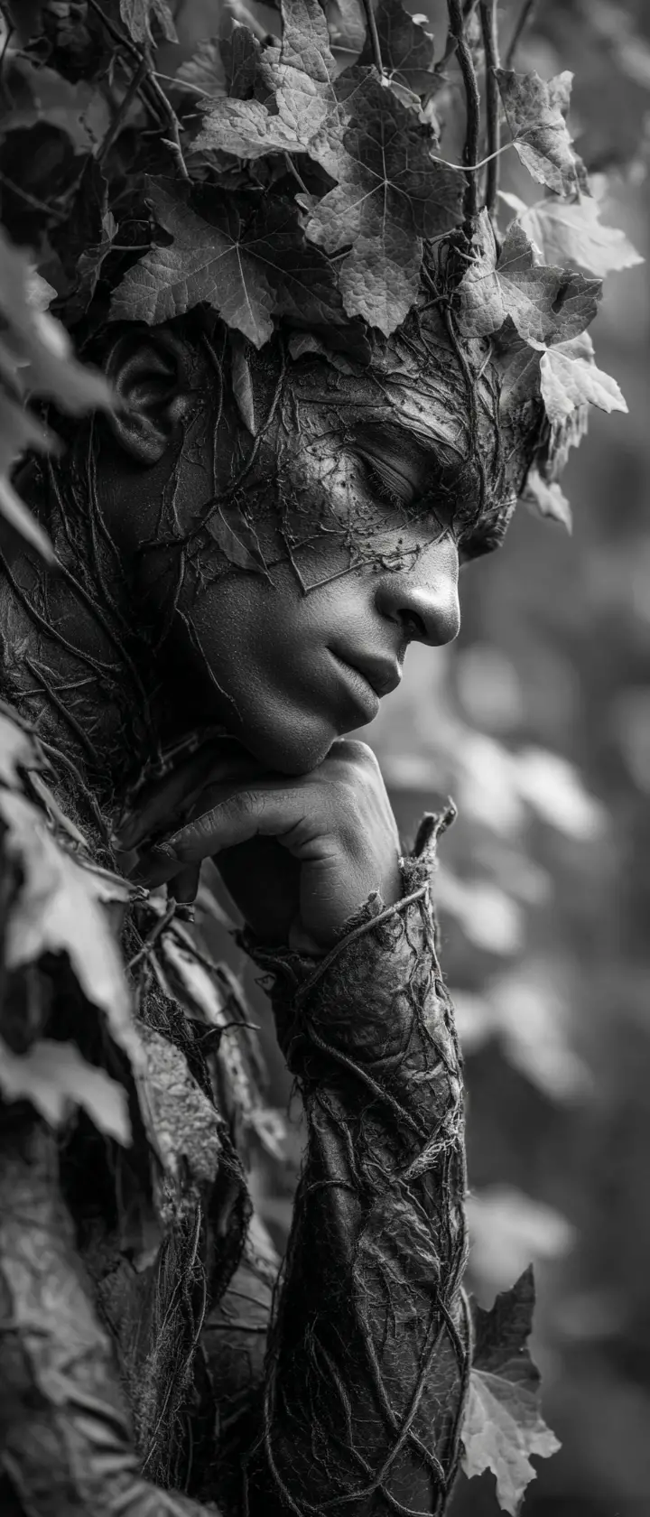 Male dancer camouflaged among leaves in dreamlike forest