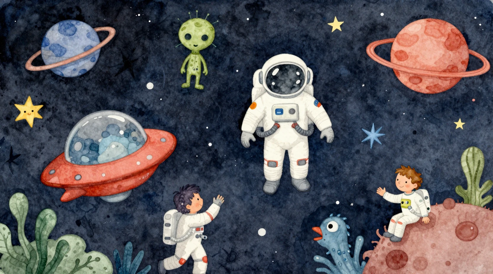 Verspielte Aquarell-Astronauten erkunden einen surrealen Weltraum