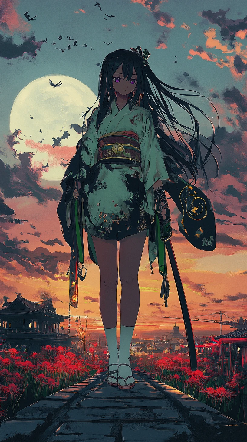 Garota de anime com katana em telhado de carnaval noturno