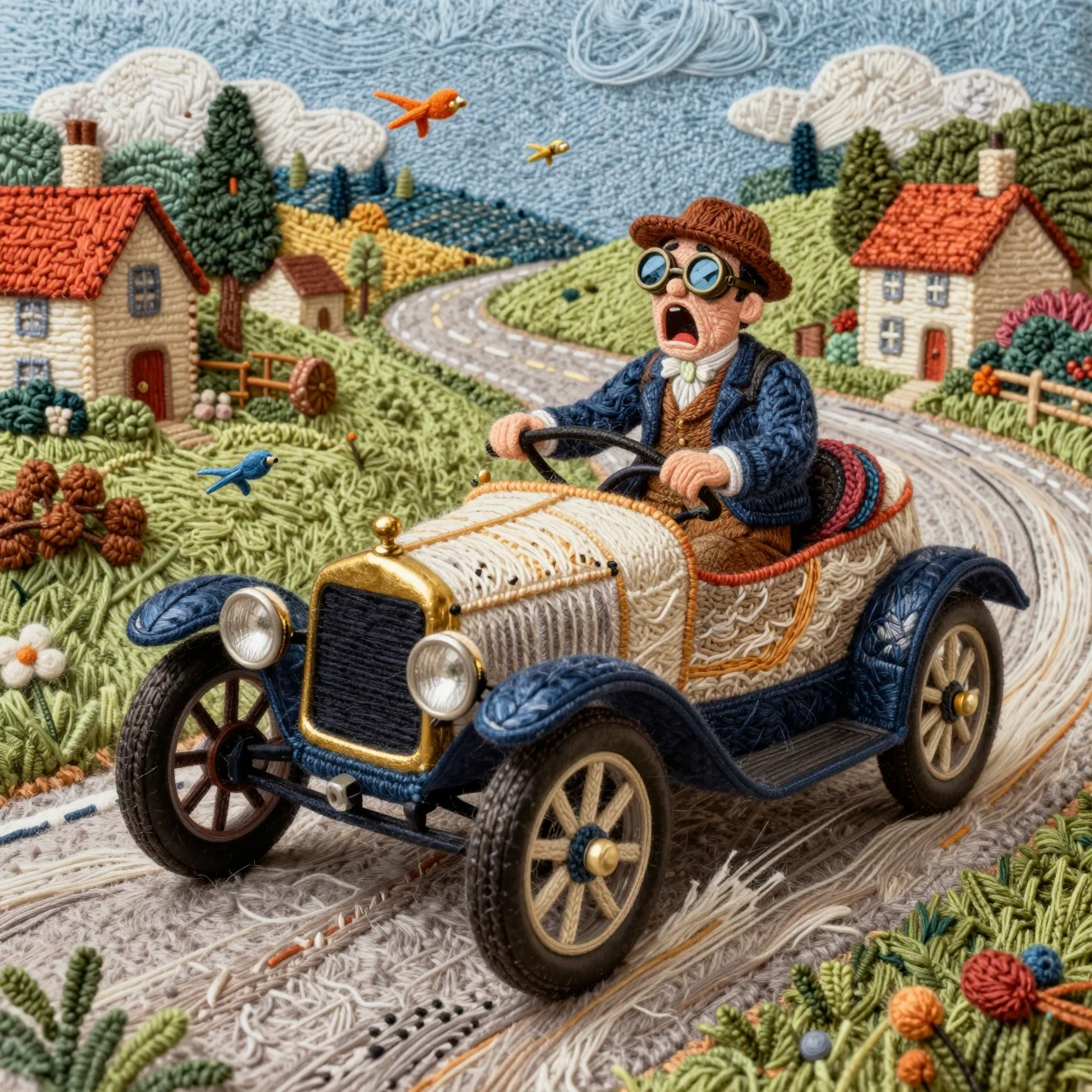 Textile Oldtimer-Rennwagen durchquert ein malerisches Dorf auf dem Land