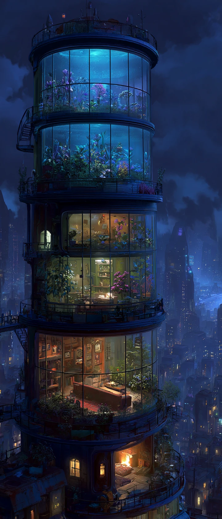 Torre di vetro futuristica che brilla sopra una città oscura di notte