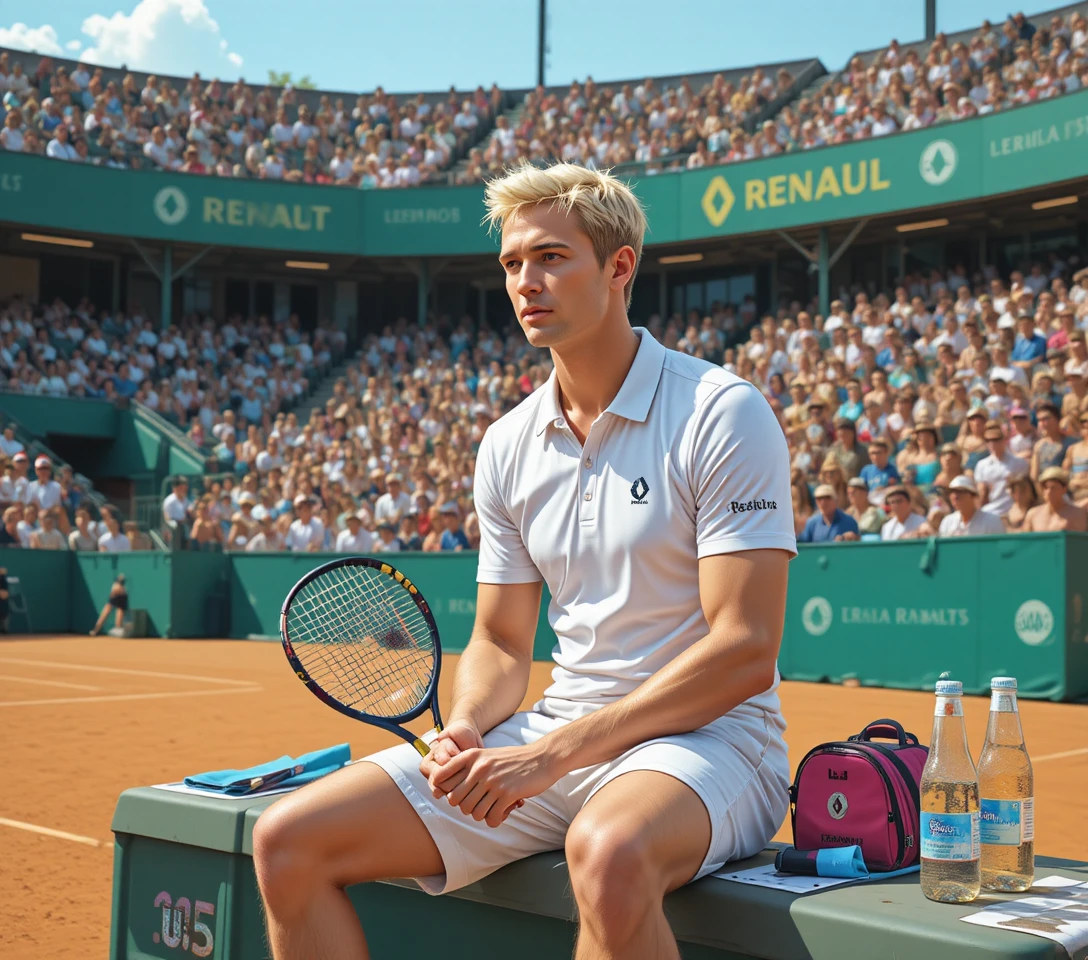 Young tennis player resting on bench during sunny match