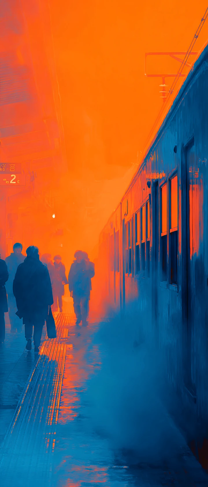Navetteurs en anime silhouettés sur un quai de gare aux lueurs infrarouges