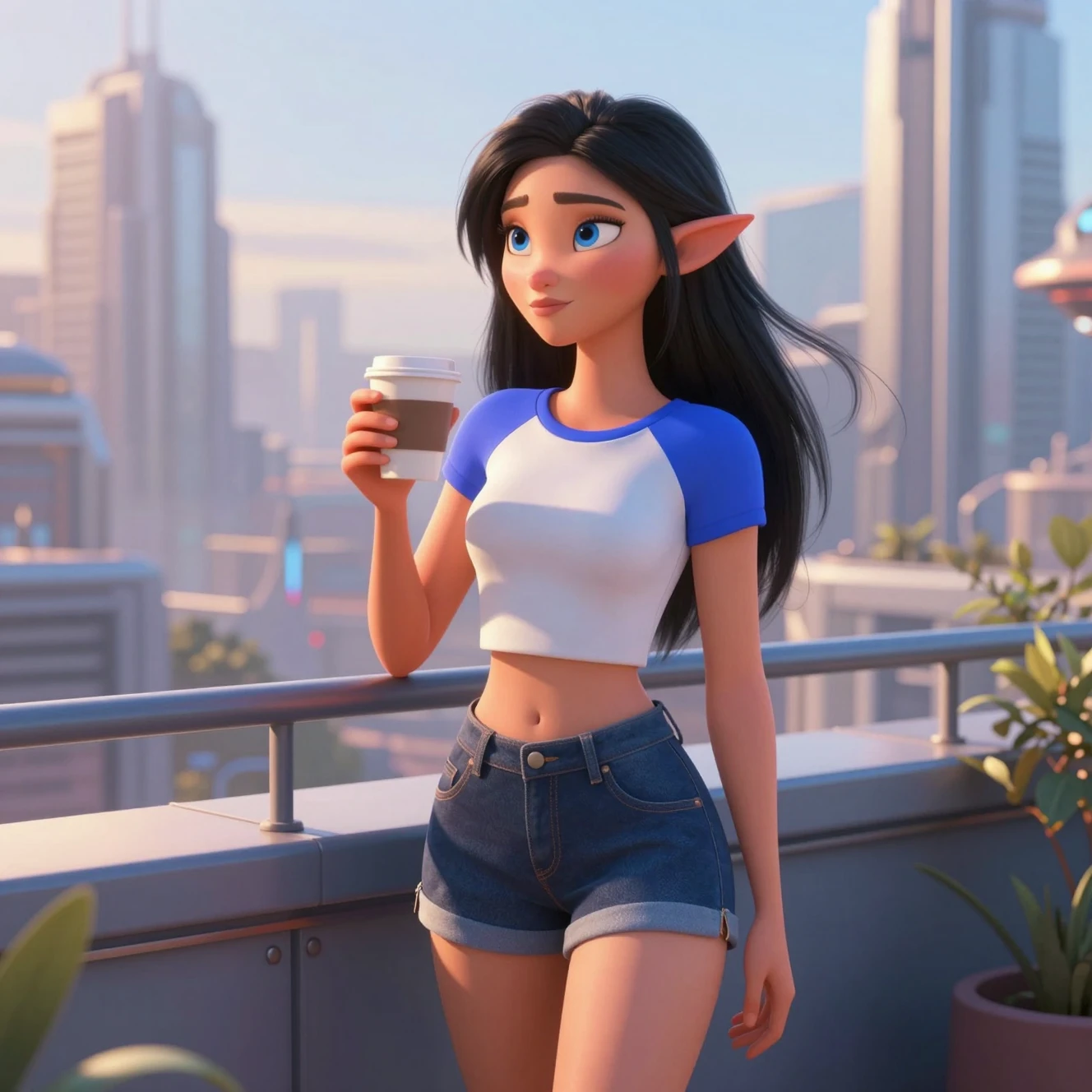 Donna elfa su terrazza sul tetto all’alba con caffè