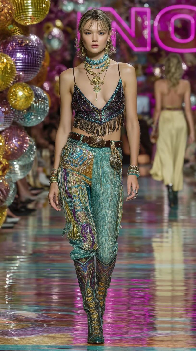 Modelle cowgirl couture su passerella nel deserto al neon