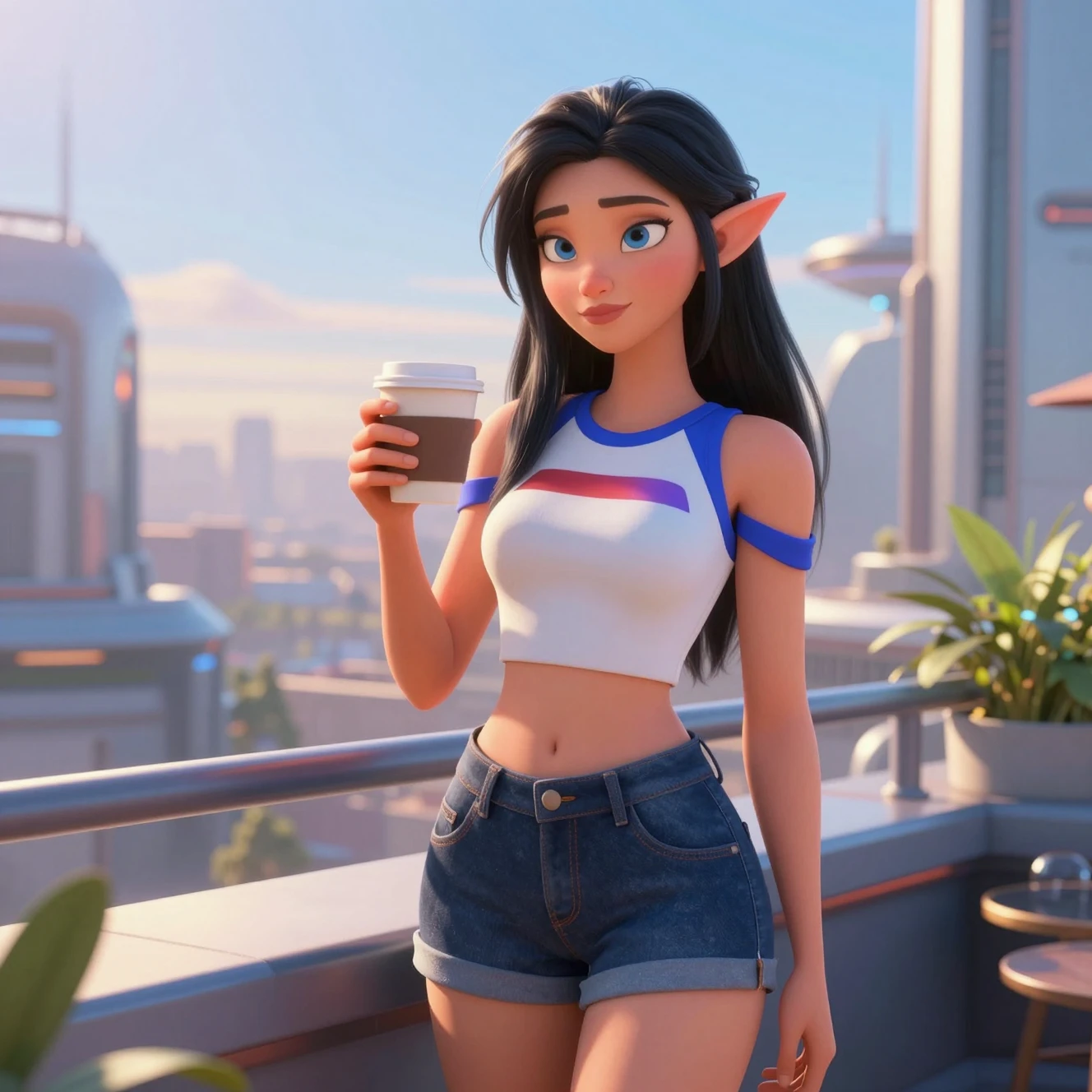 Ragazza elfa che si rilassa su un tetto futuristico all'alba