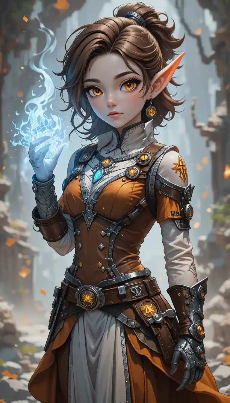 Jeune gnome mage de forge avec des runes lumineuses, style anime