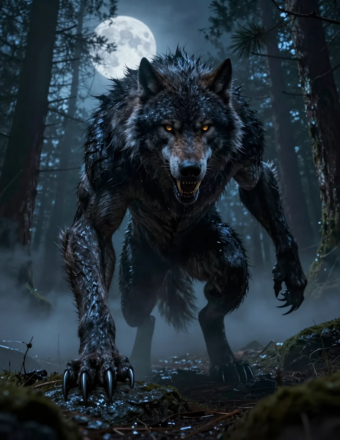 Antico lupo mannaro che emerge da una foresta nebbiosa illuminata dalla luna