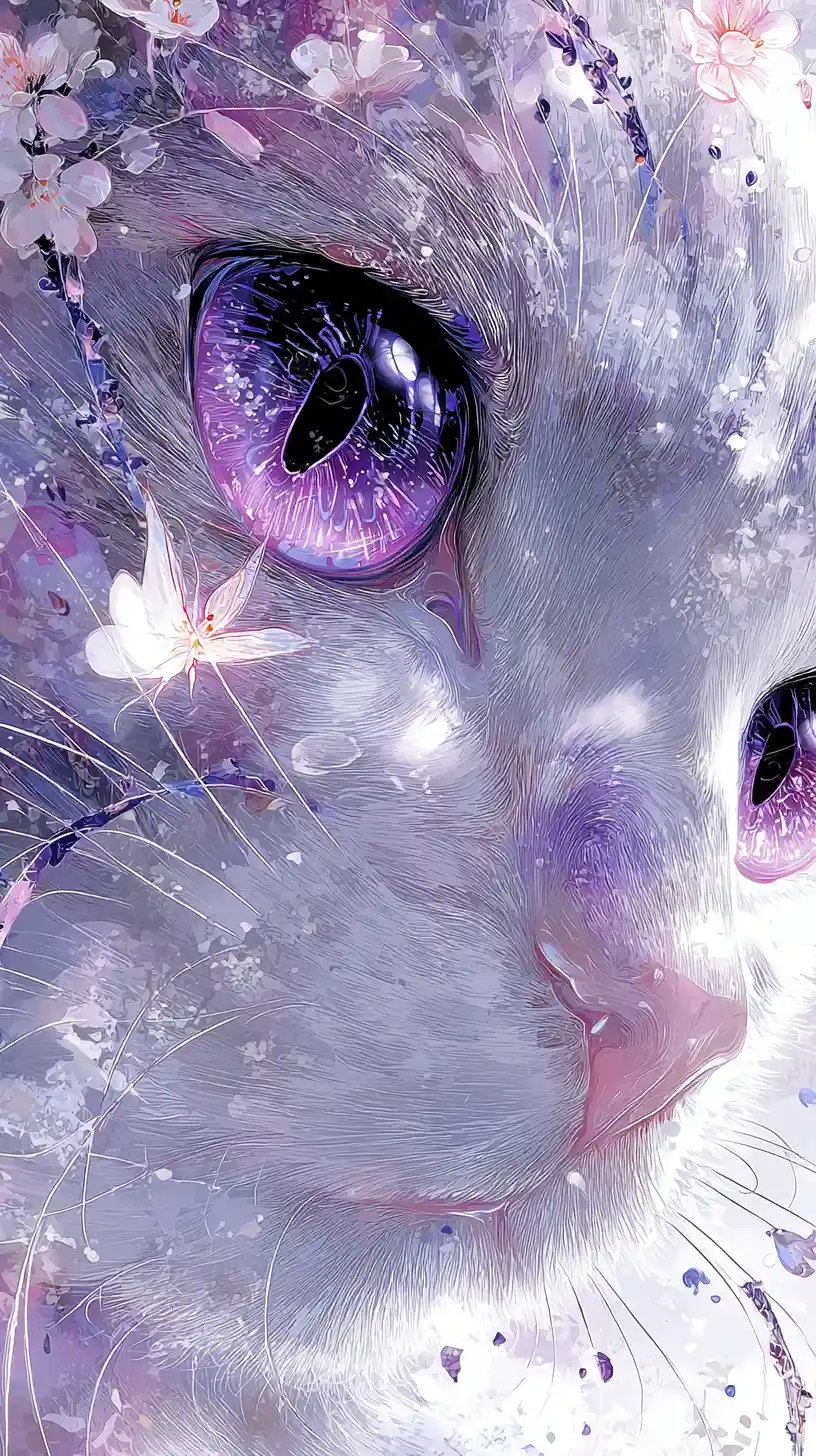 Rosto lúdico de nekomata com olhos violeta e flores de cerejeira