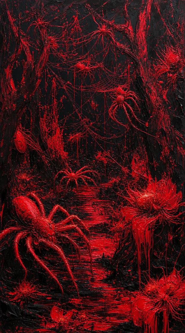隠されたクモの森を描いたカオスな赤い抽象画