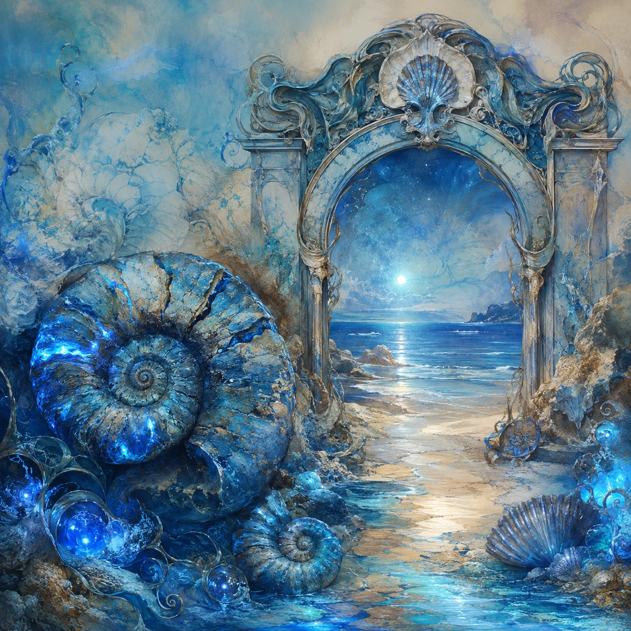 Luminous blue ammonite mood board at the seaside