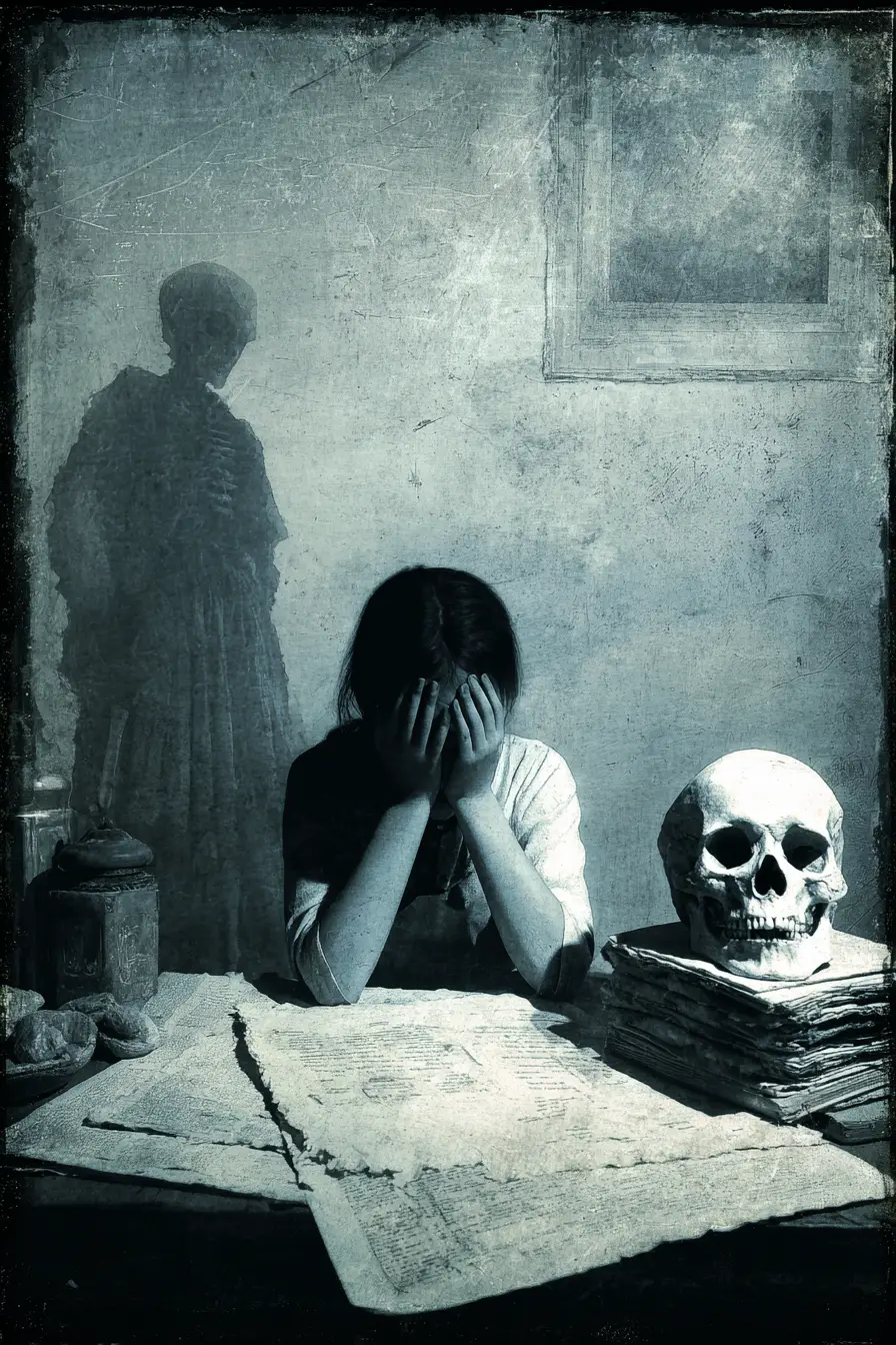 Young girl covering her face beside skull and skeletal figure