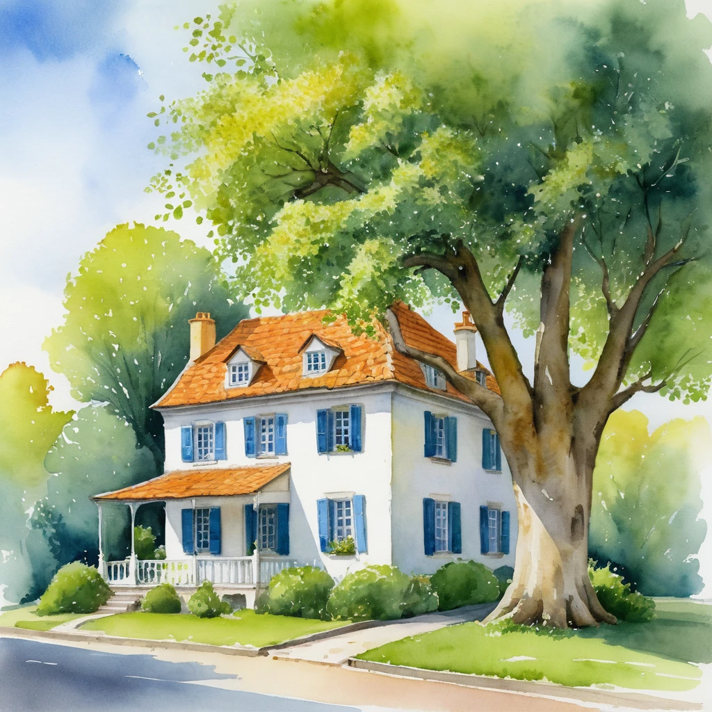 Casa branca em aquarela com limeiras e charme nostálgico
